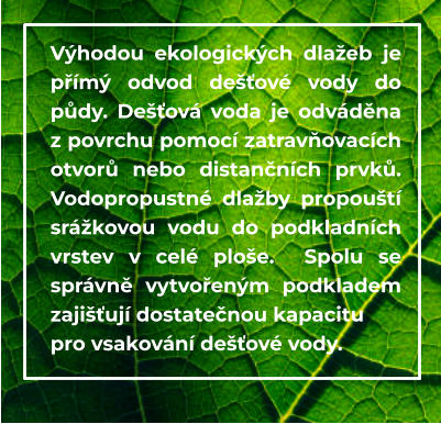 Výhodou ekologických dlažeb je přímý odvod dešťové vody do půdy. Dešťová voda je odváděna z povrchu pomocí zatravňovacích otvorů nebo distančních prvků. Vodopropustné dlažby propouští srážkovou vodu do podkladních vrstev v celé ploše.  Spolu se správně vytvořeným podkladem zajišťují dostatečnou kapacitu  pro vsakování dešťové vody.